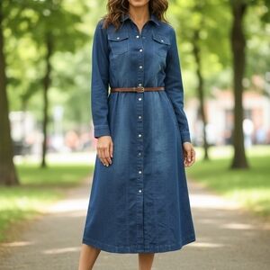 Denim Button-Down Midi Dress.  *Add A Belt* (One Does Not Come With It)